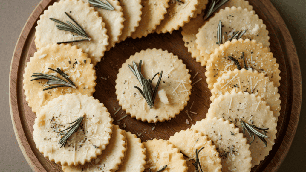 Rosemary-parmesan shortbread crackers. The crackers are arranged in a circle on a wooden board. There's a sprinkle of rosemary and parmesan cheese on top of each cracker. The background is plain and dark.