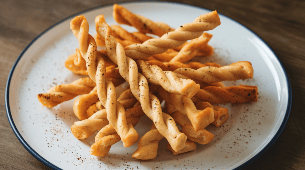 A plate of homemade cheese straws. The cheese straws are twisted and have a golden brown color. Some of them are a bit wonky. They are placed on a white plate and sprinkled with black pepper. The plate is on a wooden surface.