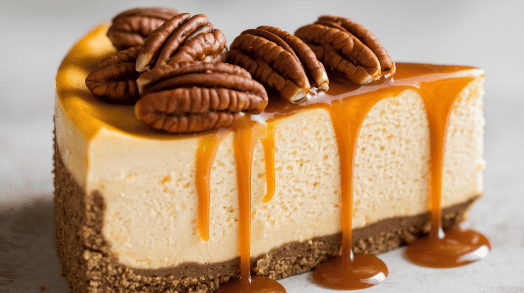 A slice of Maple Bourbon Pecan Cheesecake with a caramel drizzle. There are pecan halves on top of the cheesecake with caramel drizzling down the side. The cheesecake has a golden brown crust and a creamy, pale yellow interior.