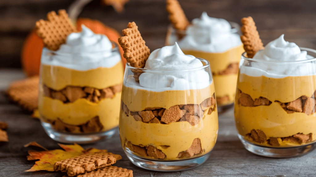 No-bake pumpkin mousse parfaits. It's layers of spiced pumpkin mousse with crushed gingersnaps and whipped cream in clear glasses. The pumpkin mousse has a deep orange hue and a creamy texture. The gingersnaps provide a crunchy contrast. The whipped cream is light and fluffy. The glasses are filled to the brim. The background is a wooden surface with a few leaves scattered around.