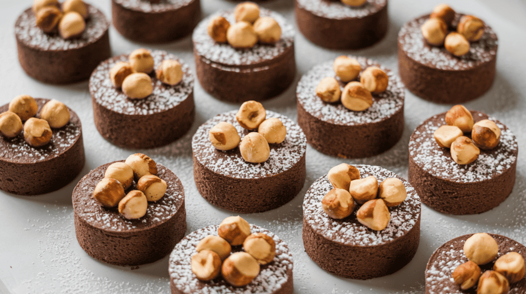 Flourless chocolate-hazelnut torte bites with toasted, chopped golden brown hazelnuts sprinkled on top. The bites are arranged in a pattern on a white surface. There is a sprinkle of powdered sugar on top of each bite. The background is clean and simple.