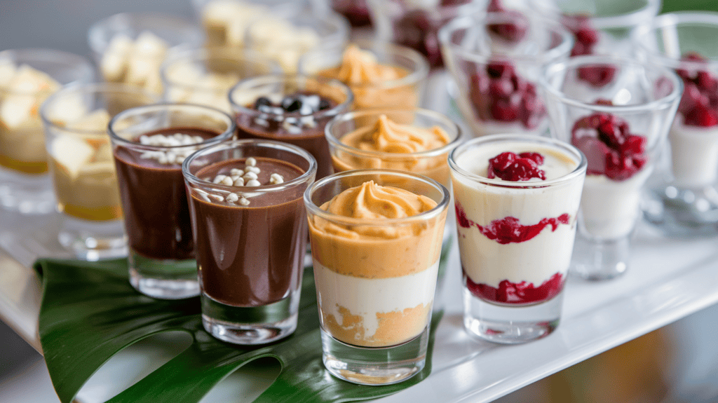 Mini dessert shooters in plastic party shot glasses. There are three types of desserts: chocolate pudding, butterscotch mousse, and cranberry fool. The glasses are arranged on a white plate. There's a green leaf on the plate beside the glasses. The background is blurred and contains more shots glasses with the same desserts.