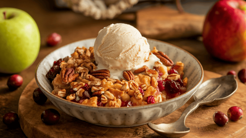 A warm apple-cranberry crisp with a golden brown, toasted-oat and pecan topping. The crisp is served in a white bowl and is topped with a scoop of vanilla ice cream. The bowl is placed on a wooden board. There are a few apples and cranberries around the bowl. The background is a rustic setting with a few items. The lighting is warm.