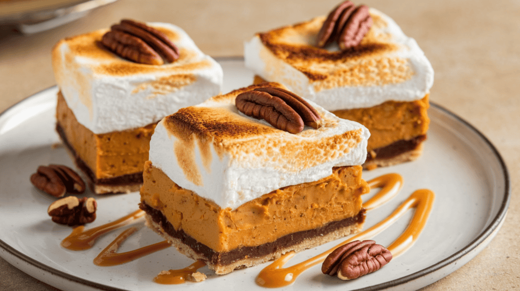 Three deconstructed sweet potato pie bars. There's a pecan shortbread base, a spiced sweet potato filling, and torched marshmallow fluff on top. The dish is plated on a white plate. There's a sprinkle of pecans and a drizzle of caramel on top. The background is beige.