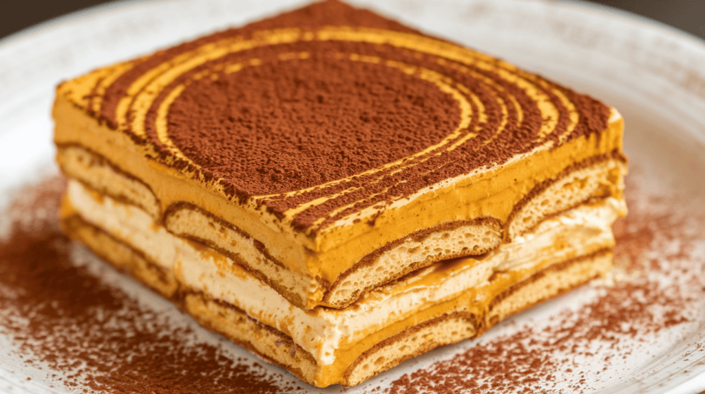 Pumpkin Tiramisu. The dish has a layer of pumpkin cream at the bottom, followed by a layer of ladyfingers, and is topped with a sprinkle of cocoa powder. The pumpkin cream has a warm, orange hue and is swirled with a dark brown layer. The dish is served on a white plate.