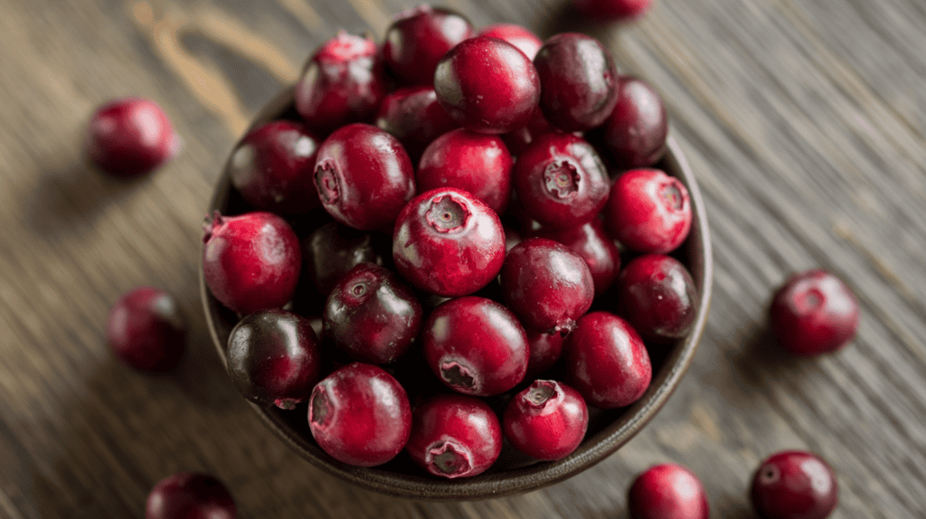 A bowl of fresh, deep red cranberries. The berries are firm and some have a slight indentation at the top. There are a few berries scattered around the bowl. The background is a wooden surface with visible grains.
