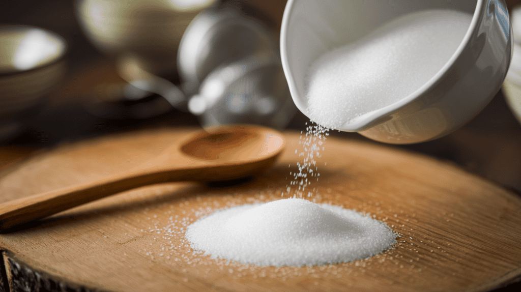 Granulated sugar on a wooden surface. The sugar is in a white bowl and is being poured onto the wooden surface. There is a wooden spoon next to the bowl. The background is blurred and contains more bowls and a tea infuser.