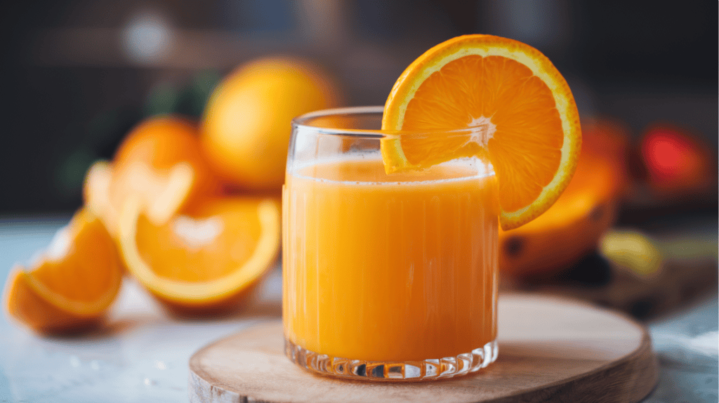 A glass of orange juice with a slice of orange on the rim. The glass is placed on a wooden board. The background is blurred and contains fresh orange slices and a few other fruits. The lighting is soft.