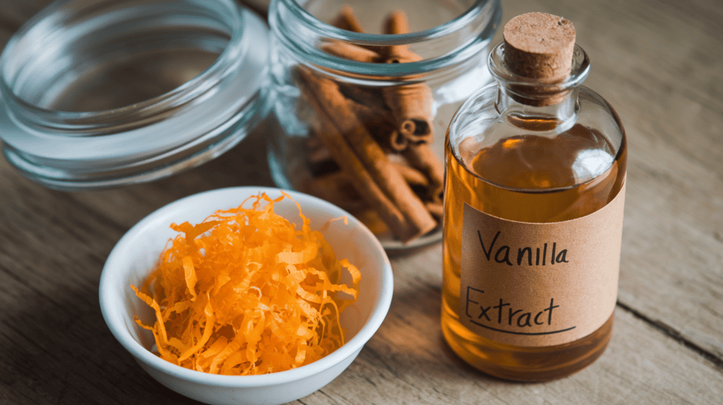 Fresh orange zest, cinnamon sticks, and a bottle of vanilla extract. The orange zest is in a small white bowl, and the cinnamon sticks are in a glass jar with a lid. The vanilla extract is in a clear glass bottle with a brown label. The items are placed on a wooden surface.
