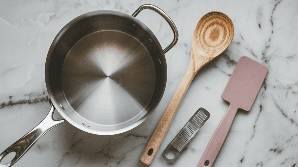 A medium saucepan with a heavy bottom, a wooden spoon, a silicone spatula, and a zester. The saucepan is placed on a marble surface. The wooden spoon and silicone spatula are placed beside the saucepan. The zester is placed on the edge of the marble surface.