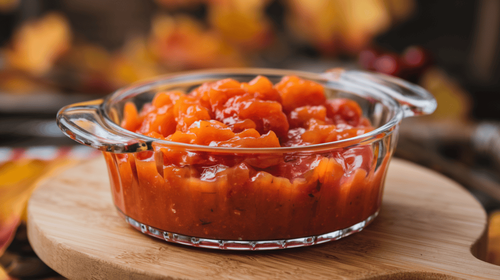 A classic orange cranberry sauce. There's a clear glass dish filled with the orange-colored sauce. The dish is placed on a wooden board. The background is blurred and contains fall foliage.