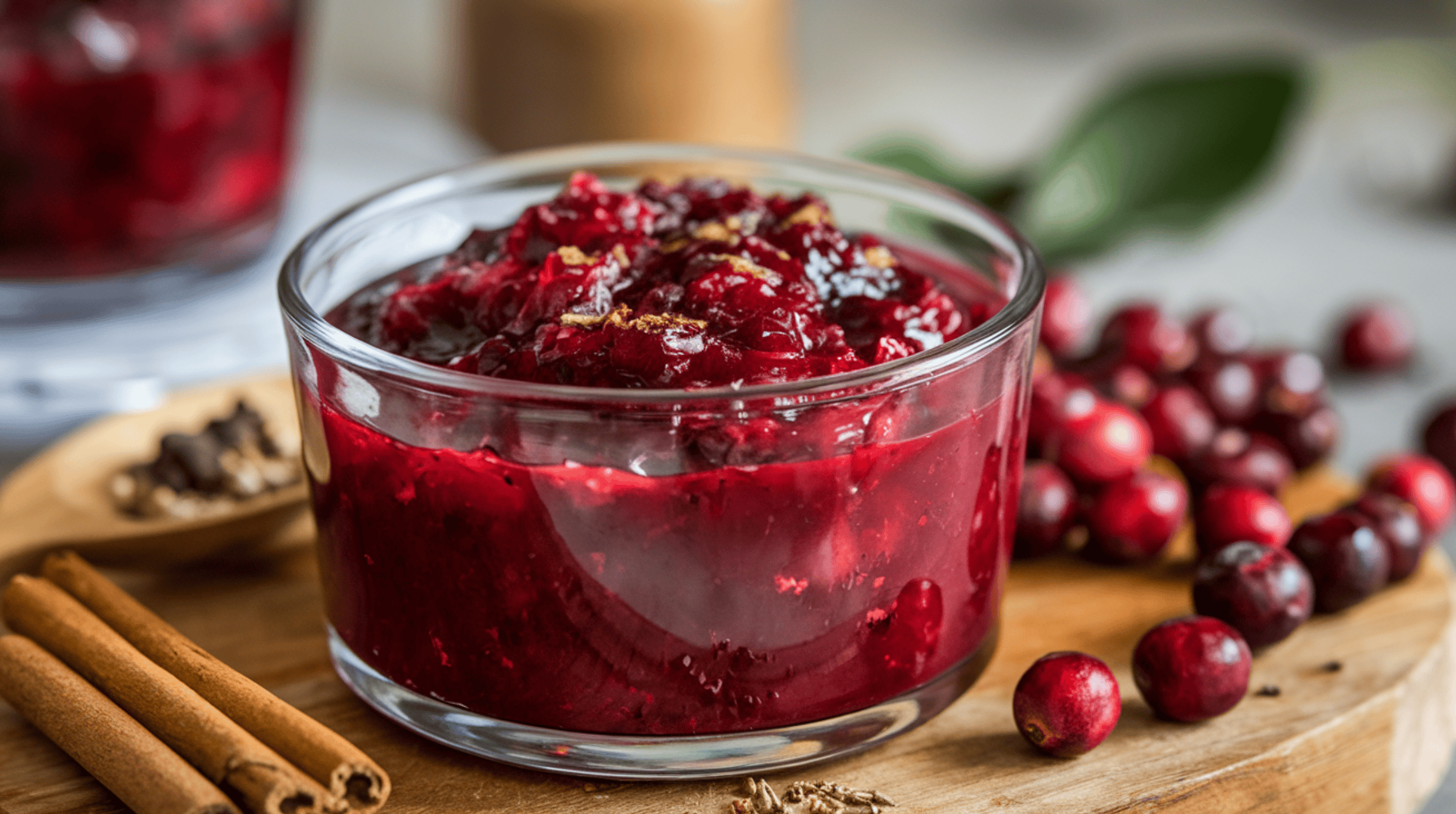 A darker red cranberry sauce, seasoned with cinnamon and nutmeg, in a clear glass container. The sauce has a few berries floating in it. The container is placed on a wooden board. There are fresh cranberries and spices near the container. The background is blurred and contains a few more containers and a leaf.