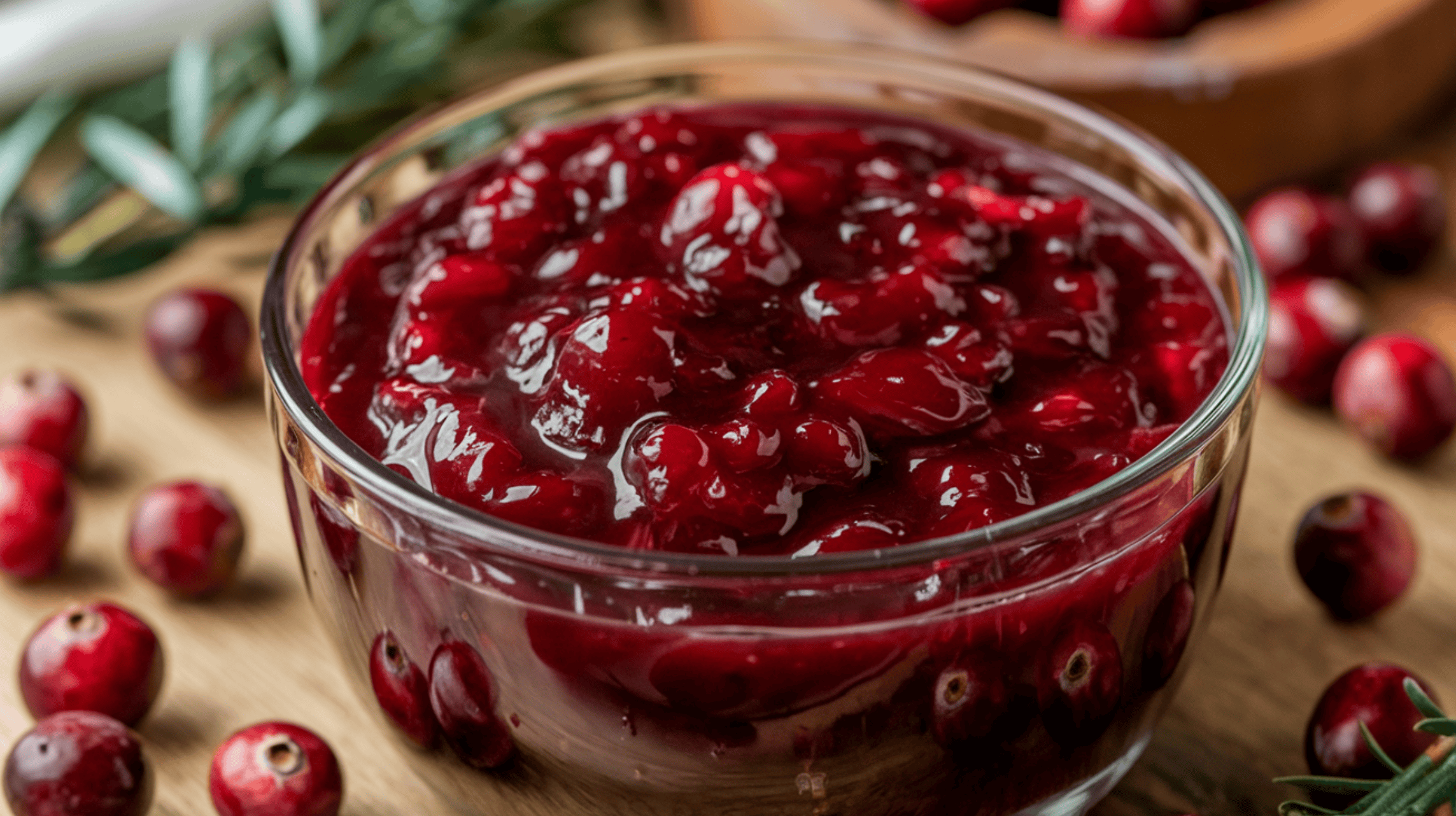 A darker red Holiday cranberry sauce with port wine. The sauce is in a glass dish and has a glossy surface. There are fresh cranberries around the dish. The background is a wooden board.
