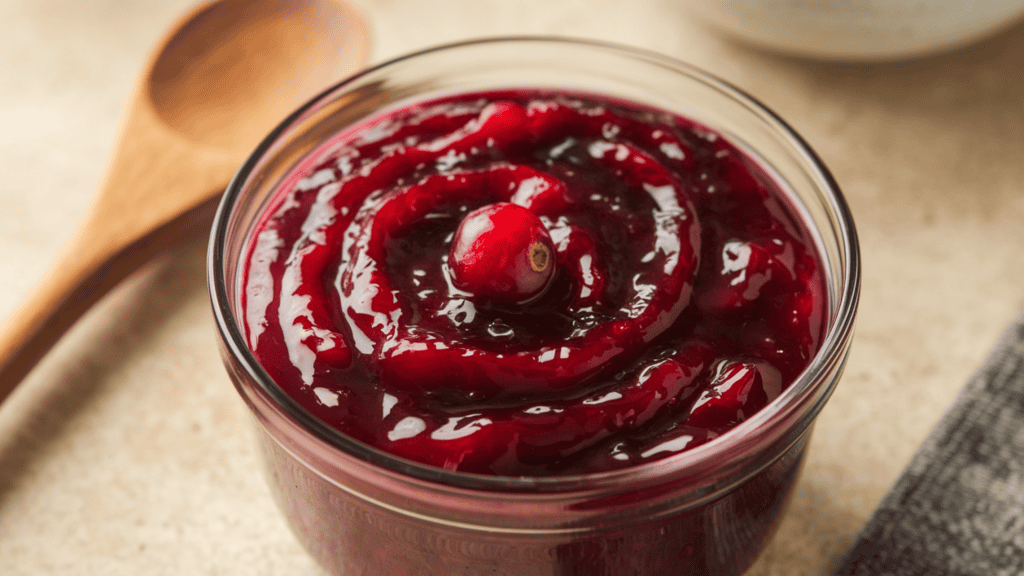 A sugar-free and keto-friendly cranberry sauce in a clear bowl. The sauce is a deep red color, with a few whole cranberries visible. There is a wooden spoon next to the bowl. The background is a beige surface.