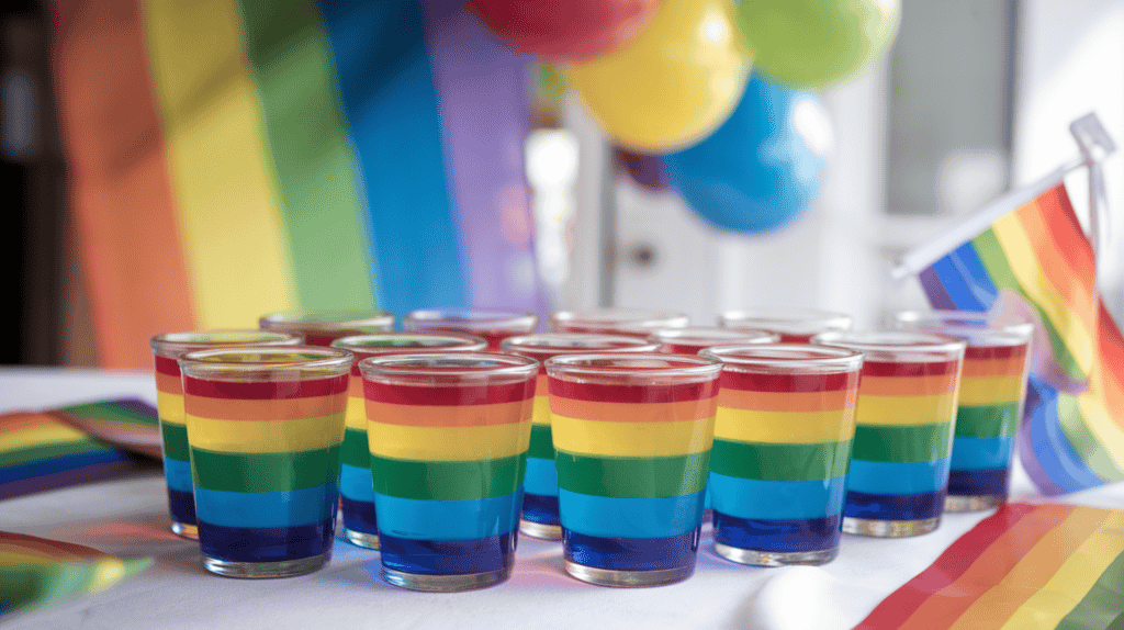 Rainbow layered jello shots — six colors stacked