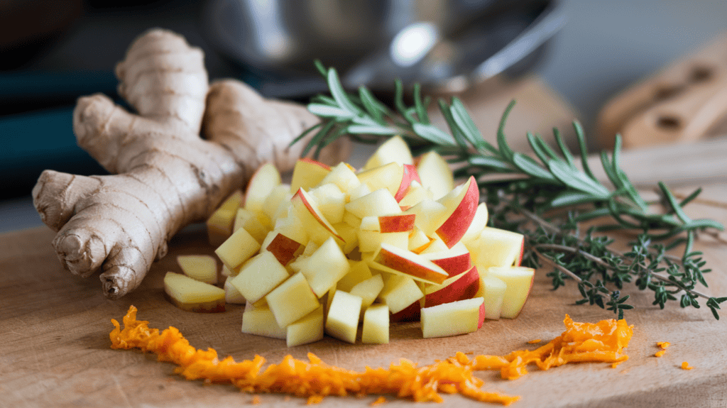 Fresh ginger, a Honeycrisp apple diced really small, sprigs of rosemary, fresh thyme, and orange zest. The apple is diced. The rosemary and thyme are whole sprigs. The orange zest is grated and has a few flakes of orange peel. The ingredients are artfully arranged on a wooden board. The background is blurred and consists of cooking utensils.