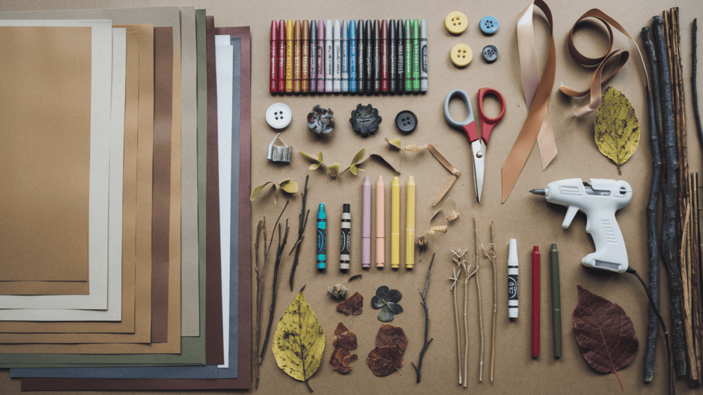 A crafting station with multiple shades of brown construction paper, markers, crayons, a hot glue gun, scissors, ribbons, buttons, leaves, and twigs. Everything is neatly arranged and organized.