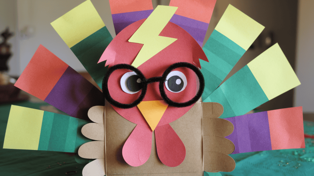 A Harry Potter turkey disguise idea made of construction paper. The turkey has a zig-zag cut from yellow paper as a lightning bolt scar on its head. The turkey also wears round glasses made of black pipe cleaners. The background is a table with a green cloth.