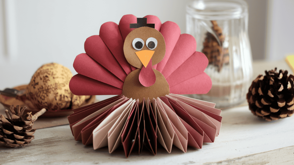 A ballerina turkey disguise idea. The turkey is wearing a tutu made of paper that's been folded back and forth like a fan.