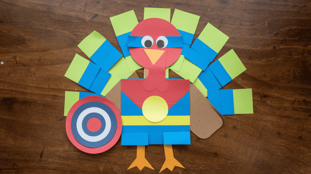 A flat superhero turkey disguise idea made from Post-It Notes. The turkey has a red and blue outfit with a yellow circle on its chest. The turkey is holding a shield.