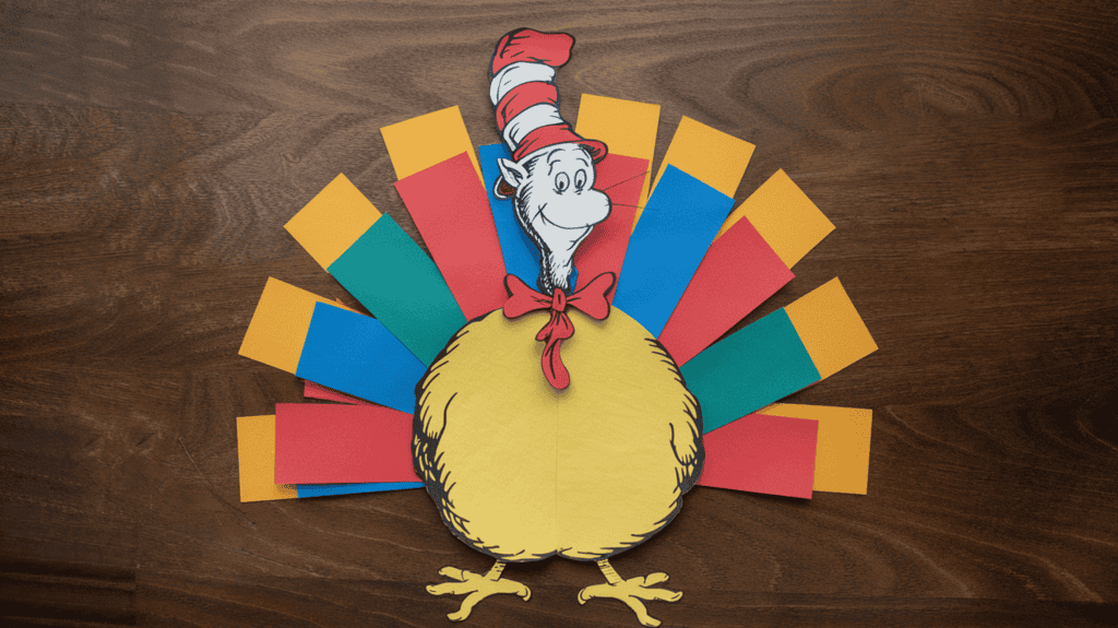 A flat minimalistic Cat in the Hat turkey disguise idea made of construction paper. The Cat in the Hat is wearing a red and white striped hat. The turkey has a yellow body and two large drumsticks. The background is a wooden surface.