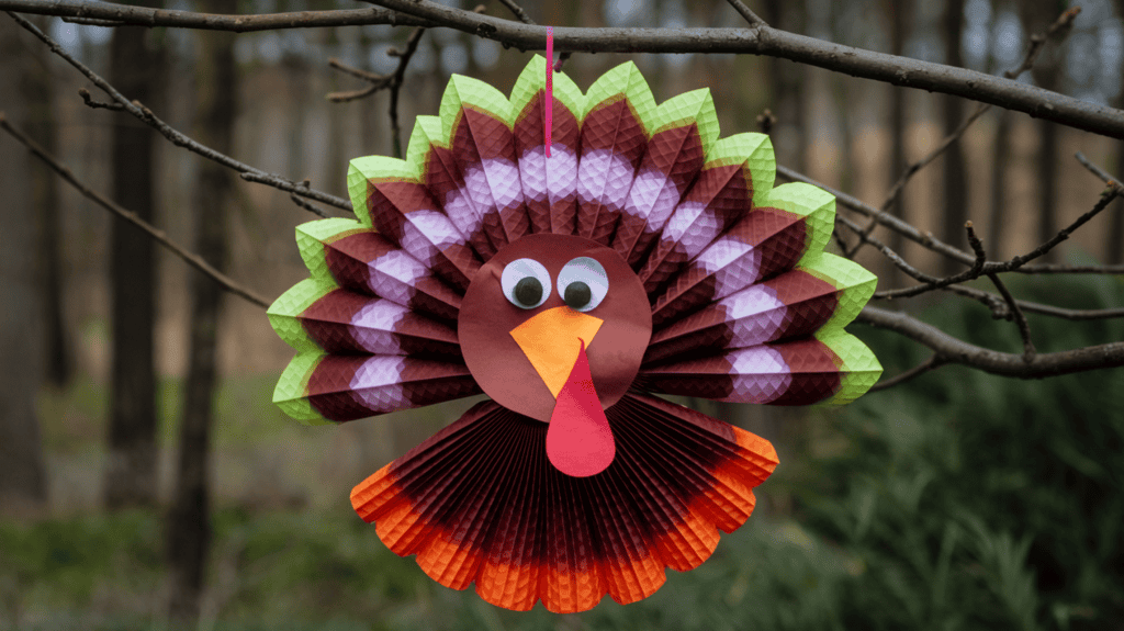 A turkey disguise idea made of coffee filters that have been colored with markers. The craft is hanging on a tree branch. The background is a forest.
