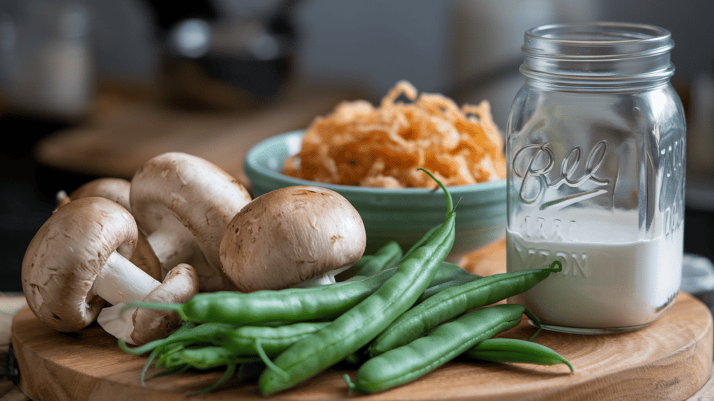 Fresh green beans, baby bella mushrooms, heavy cream in a mason jar, and crispy fried onions in a bowl for a green bean casserole recipe. The green beans and mushrooms are lying on a wooden board. The mason jar contains heavy cream. The bowl contains crispy fried onions. The background is blurred and contains a few kitchen utensils.