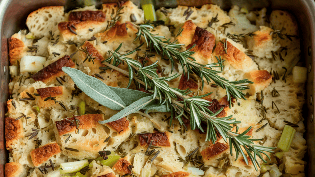 A classic herb stuffing with fresh sage, fresh thyme, and fresh rosemary. The stuffing is made with bread, onion, celery, and herbs. It's cooked in a pan and is golden brown. The herbs are visible on top of the stuffing. The background is clean.