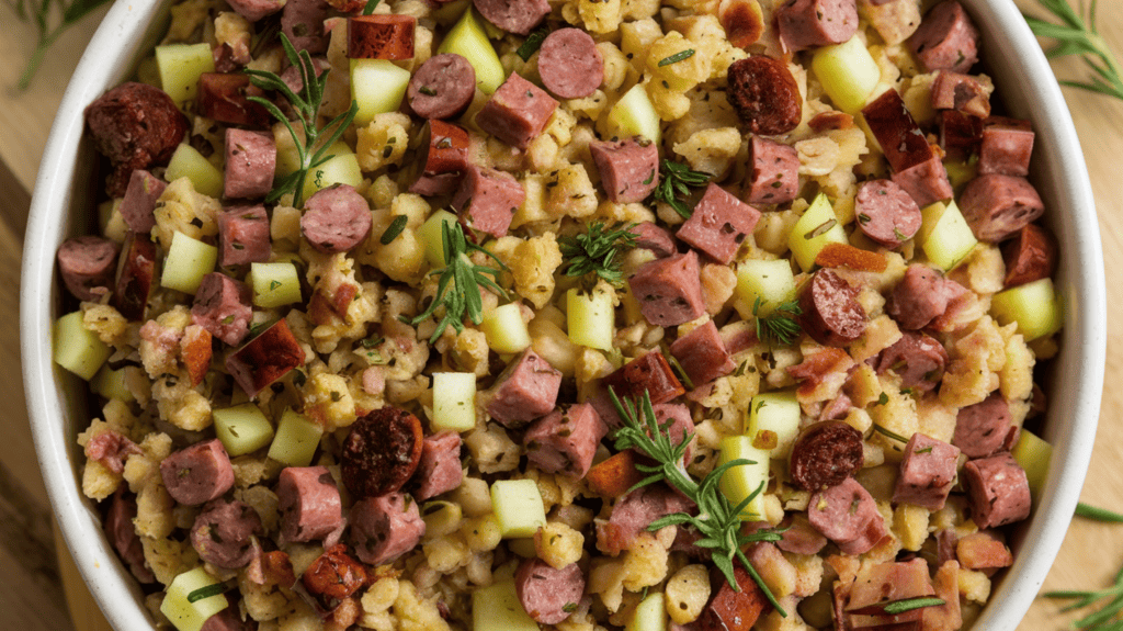 A delicious-looking sausage and apple stuffing. The sausage and apple are cut up extremely small into tiny pieces and distributed throughout the stuffing. The stuffing is in a white bowl and there are fresh herbs and spices scattered on top. The background is a wooden cutting board.
