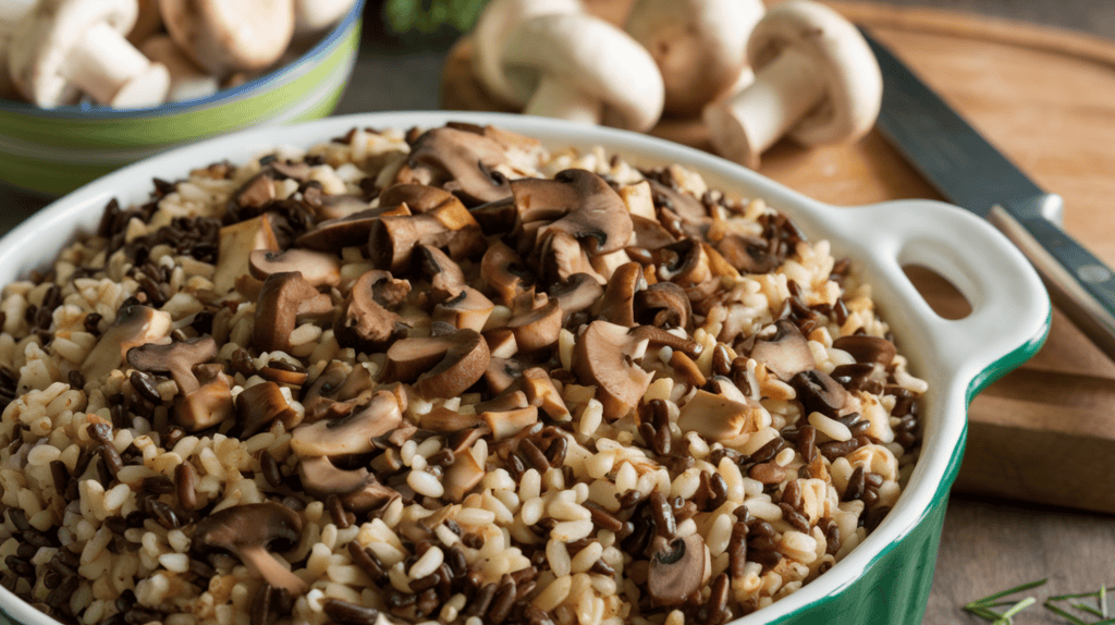 A delicious-looking mushroom and wild rice stuffing. The mushrooms are cut up extremely small into tiny pieces and distributed throughout the stuffing. The stuffing is in a white dish with a green stem. There are fresh mushrooms in a bowl next to the dish. The background is a wooden cutting board and a knife.