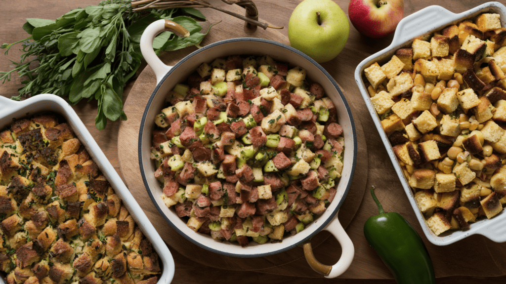 Three dishes: a sourdough stuffing with fresh herbs, a New England style stuffing with apple and maple sausage, and a Southwest version with roasted poblanos and cornbread. The dishes are placed on a wooden board. There are fresh herbs, apples, and roasted poblanos beside the dishes.