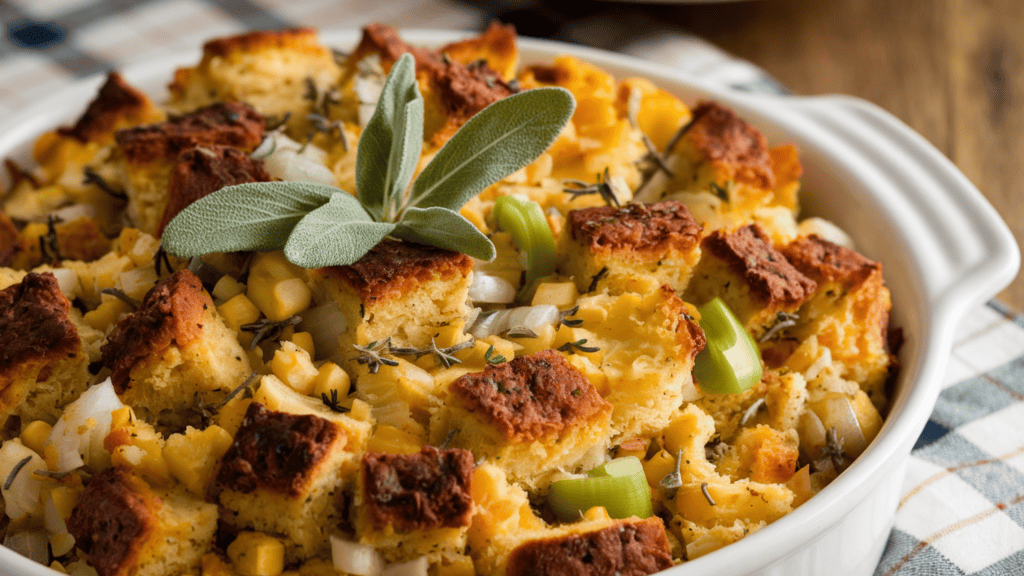 A delicious Southern cornbread-style stuffing. The stuffing is made with cornbread, sautéed onions, celery, and sage. It is served in a white dish and garnished with fresh sage leaves. The background is a wooden table with a checkered cloth.