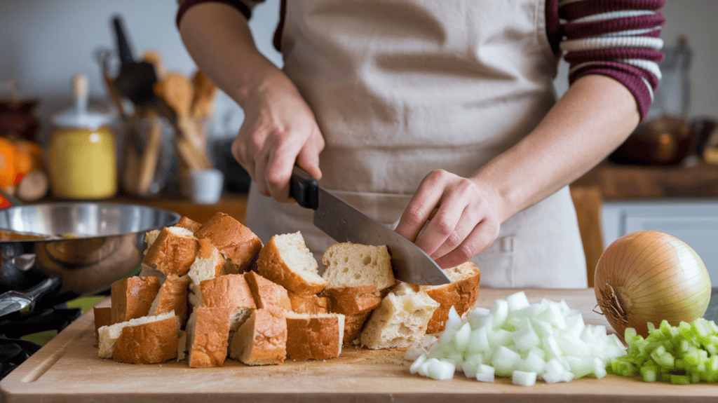 A woman chopping bread into 1-inch cubes to prepare stuffing for Thanksgiving. She is wearing an apron. There are chopped onions and celery beside the bread. The background contains a variety of ingredients and cooking utensils.