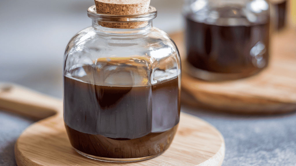 A jar of premium molasses for a gingerbread recipe. The jar is filled to the brim with a thick, dark brown liquid. The molasses is slightly thickened, indicating it has been cooked to high temperatures. The texture is smooth and glossy. The jar is sealed with a cork and sits on a wooden board. The background is blurred and contains a few more jars of molasses.
