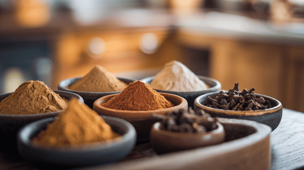 Ground ginger, cinnamon, nutmeg, and cloves in small bowls. The bowls are arranged on a wooden surface. The spices have a warm, earthy color palette, with the ginger being a bright orange, the cinnamon a deep brown, the nutmeg a warm beige, and the cloves a dark brown. The background is blurred, showing a kitchen with wooden cabinets and a white counter.