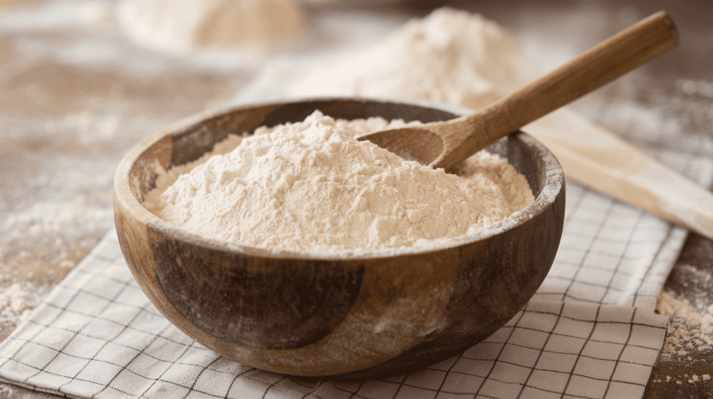 A wooden bowl filled with white flour. There is a wooden spoon in the flour. The bowl sits on a rustic table with a checkered tablecloth. The background is blurred and contains more flour-covered items.