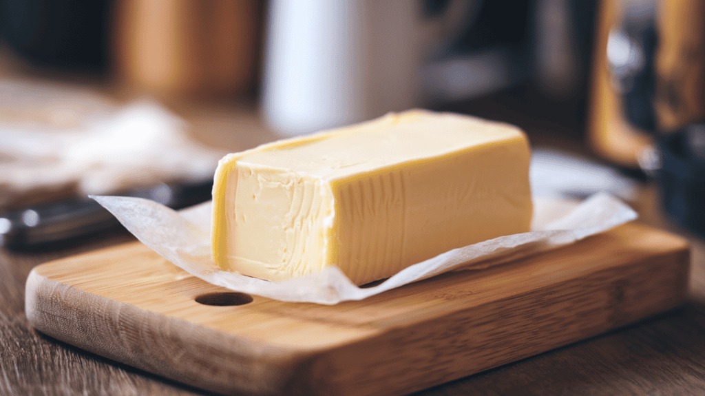 A stick of butter resting on a wooden cutting board. The butter has a slightly waxy texture and is wrapped in wax paper. There's a small knife beside the butter. The background is blurred and contains other kitchen items. The lighting is soft.