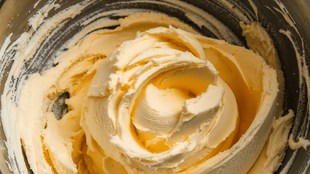 Butter and sugar that have been creamed together. The mixture is light in color and almost fluffy-looking.