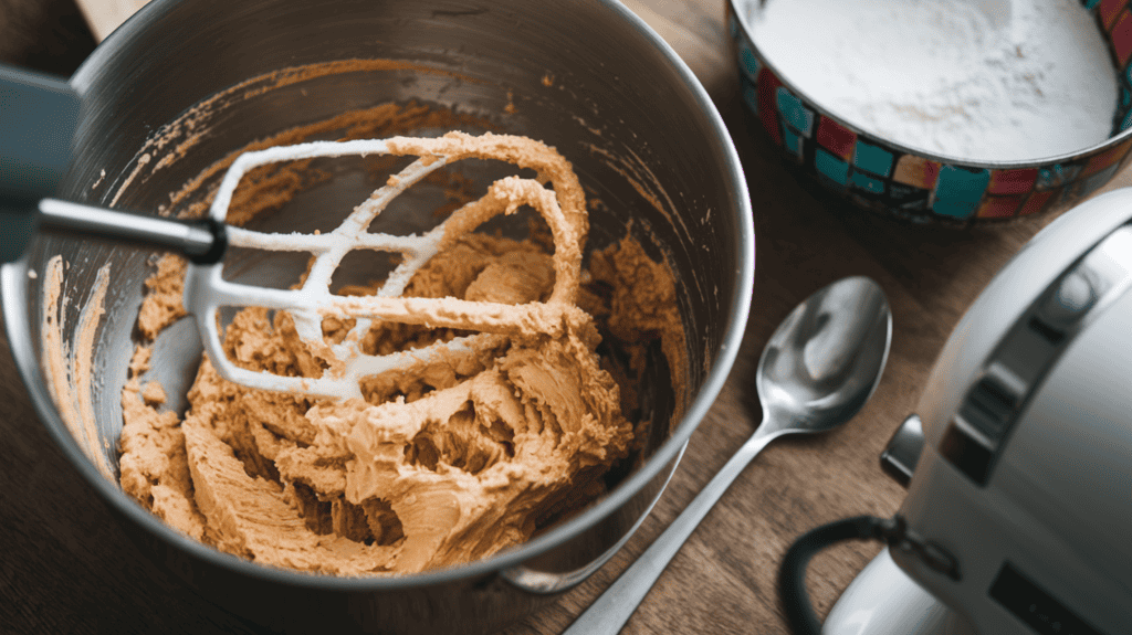 A bowl with a light brown mixture of butter and sugar that has been creamed together with a mixer. A spoon is placed beside the bowl. There are dry ingredients in another bowl. The background is a wooden surface.
