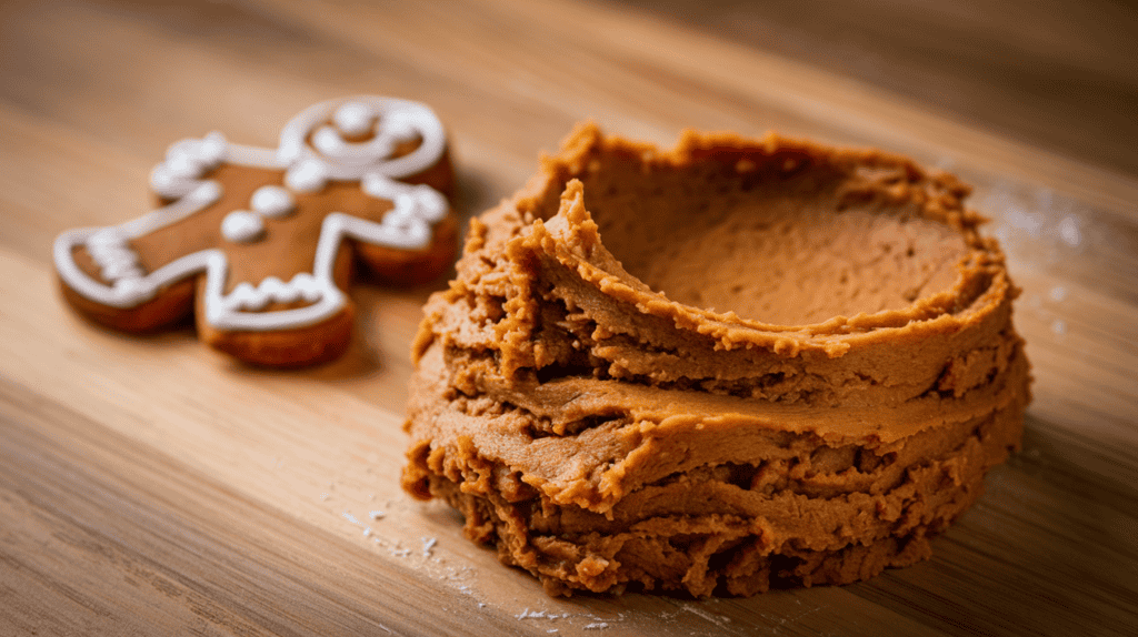Gingerbread dough with the perfect dough consistency that's slightly tacky. The dough is brown in color and has a slightly sticky texture. It is placed on a wooden surface. There's a gingerbread man cookie in the background. The background is blurred. The lighting is soft.