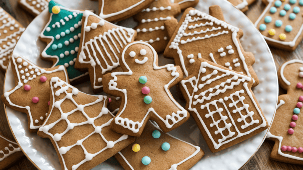 A variety of decorated gingerbread cookies. There are cookies with different shapes, such as gingerbread men, houses, and trees. The cookies are decorated with icing and sprinkles. They are placed on a white plate. The background is a wooden surface.