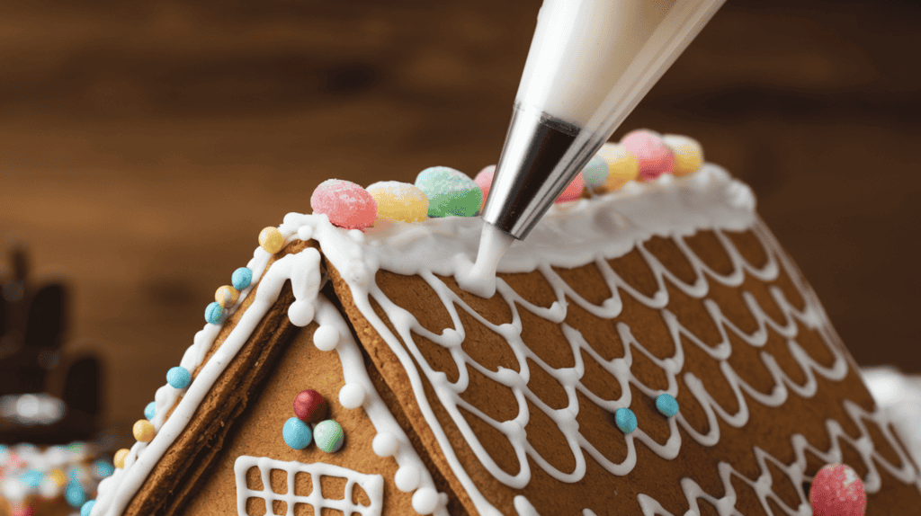 Royal icing for gingerbread cookies. The icing is in a piping bag and is being piped onto a gingerbread house. The icing is thick and white, with a glossy finish. The gingerbread house has a thatched roof and is decorated with candies and sprinkles. The background is a wooden surface.