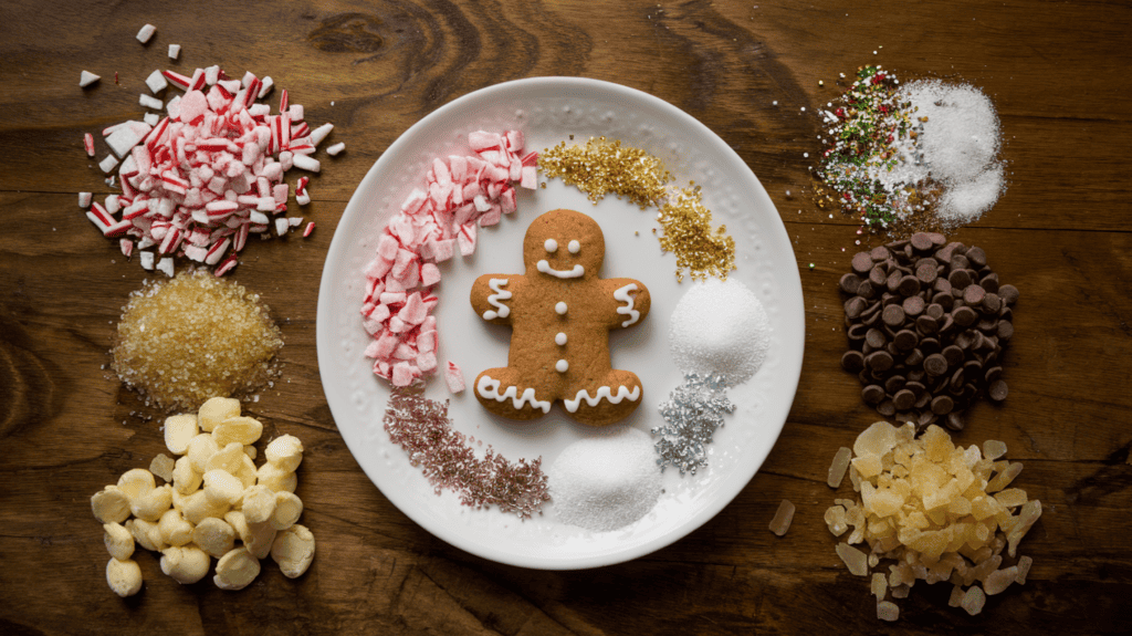 A white plate with a gingerbread cookie on it. Surrounding the cookie are various edible decorations, including crushed candy canes, gold and silver dragées, colored sanding sugar, mini chocolate chips, and chopped crystallized ginger. The decorations are arranged in small piles. The background is a wooden surface with visible grain.