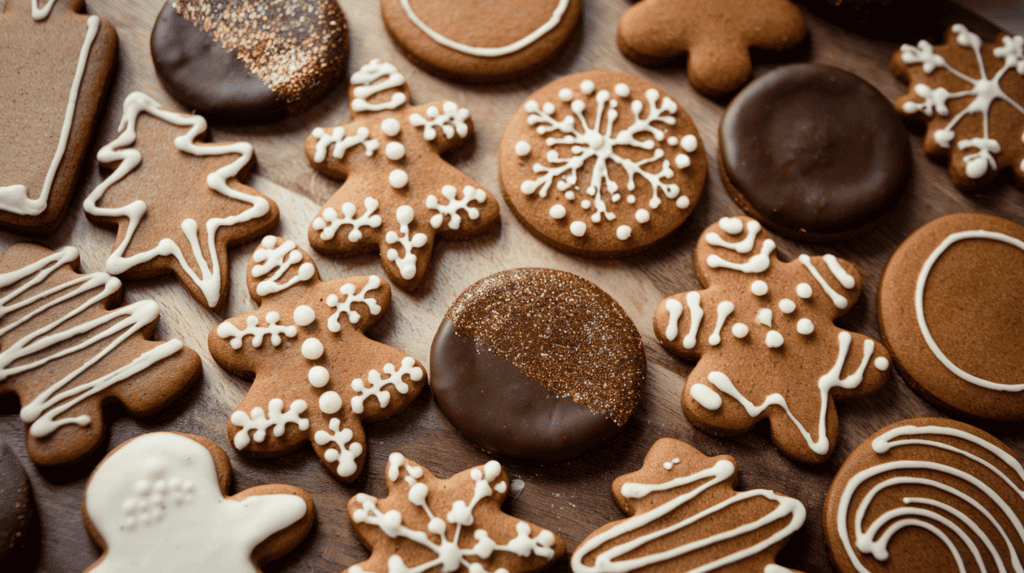 A variety of gingerbread cookies on a wooden board. Some cookies have a smooth surface, while others have a textured surface. Some cookies are decorated with icing and edible glitter. A few cookies are partially dipped in chocolate. The cookies vary in size and shape.