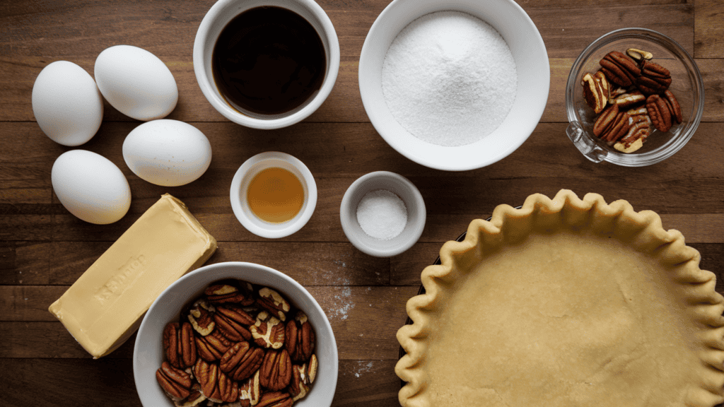 The ingredients for a pecan pie recipe: eggs, dark corn syrup, granulated sugar, unsalted butter, vanilla extract, salt, pecan halves, and an unbaked 9-inch deep-dish pie crust. The ingredients are scattered on a wooden surface.