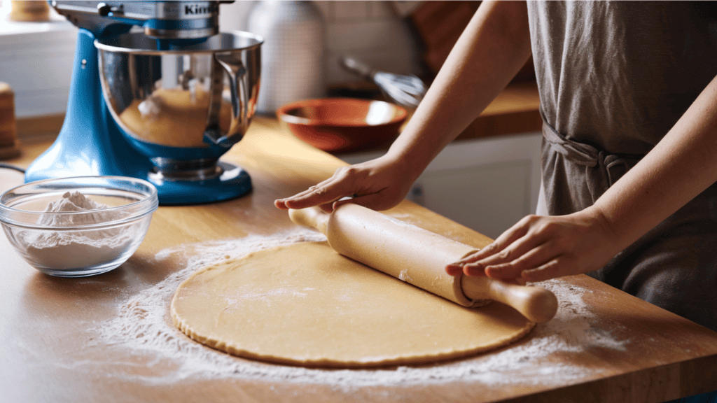 Someone making a flaky pie crust for a pecan pie. The person is rolling out the pie dough on a floured surface with a rolling pin. There's a bowl of flour nearby. The background is a kitchen with a mixer, a bowl, and a whisk.