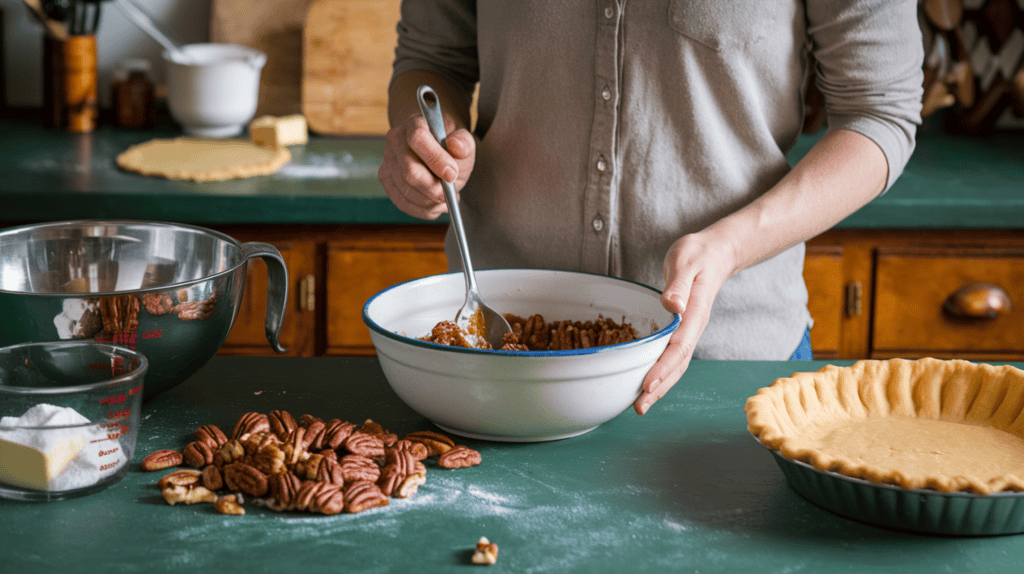 Someone making a classic pecan filling for a pecan pie. The person is standing in a kitchen with wooden cabinets and a green countertop. The person is wearing a grey shirt and is using a metal spoon to mix the filling ingredients in a white bowl. There are pecans, sugar, and butter scattered on the countertop. The background contains a mixing bowl, a measuring cup, and a pie crust.