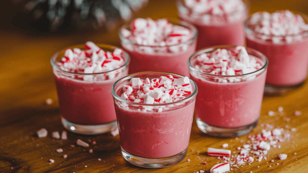 Peppermint bark jello shots with crushed candy cane garnish