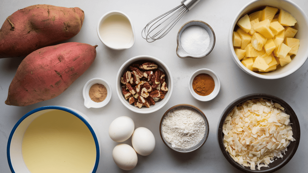 The ingredients and equipment for Sweet Potato Casserole recipe. There are sweet potatoes, unsalted butter, coconut milk, large eggs, packed brown sugar, vanilla extract, ground cinnamon, salt, ground nutmeg, chopped pecans, all-purpose flour, packed brown sugar, melted butter, a pinch of salt, shredded coconut, and crushed pineapple. There is also a mixing bowl, a whisk, a measuring cup, and a baking dish.