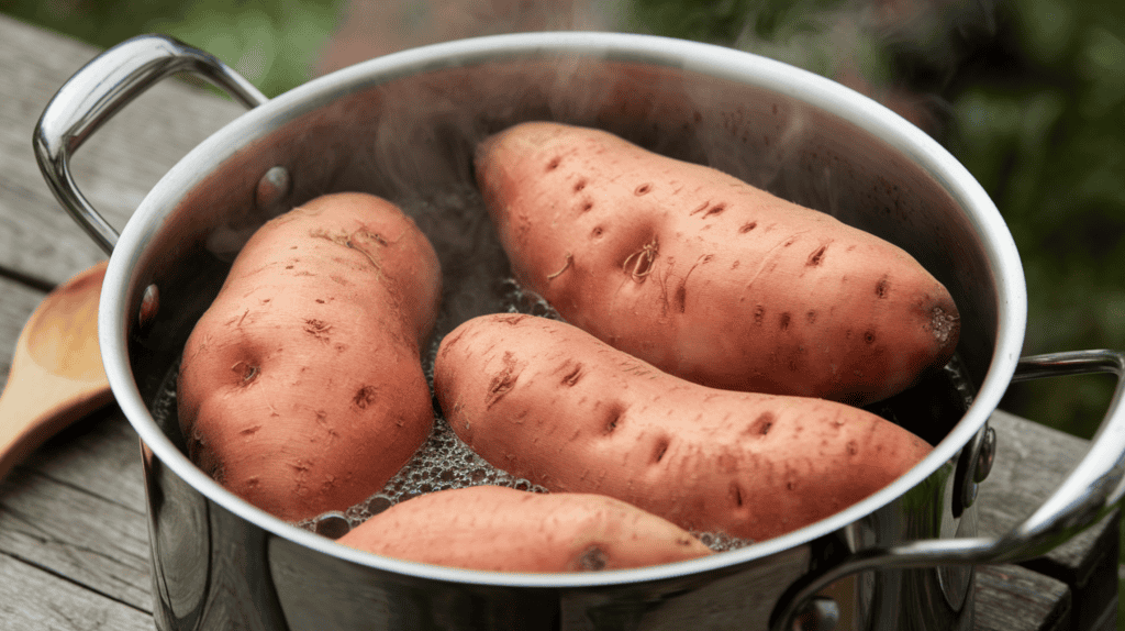 Four sweet potatoes boiling in a pot. The sweet potatoes are orange and have a few holes from the steam. The pot is placed on a wooden surface. There's a wooden spoon next to the pot. The background is blurred and contains greenery.